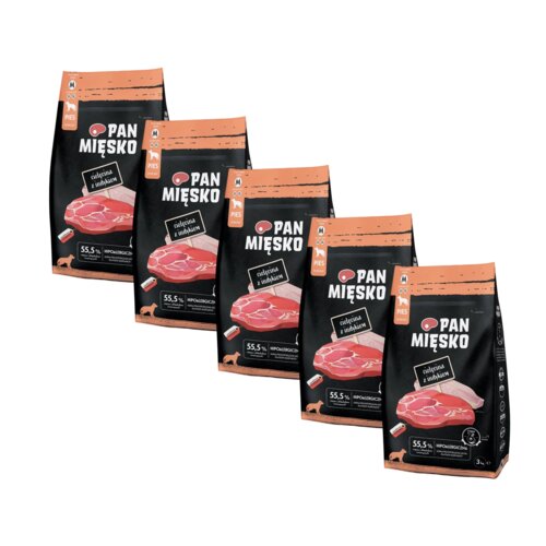 Karma dla psa PAN MIĘSKO Cielęcina z indykiem M 5 x 3 kg
