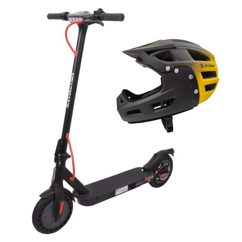 Hulajnoga elektryczna R.EVOLUTION R-EV42112 20km 350W Amortyzacja 10" Czarny + Kask rowerowy XRIDER XR00FH01 Czarno-żółty MTB (rozmiar L)