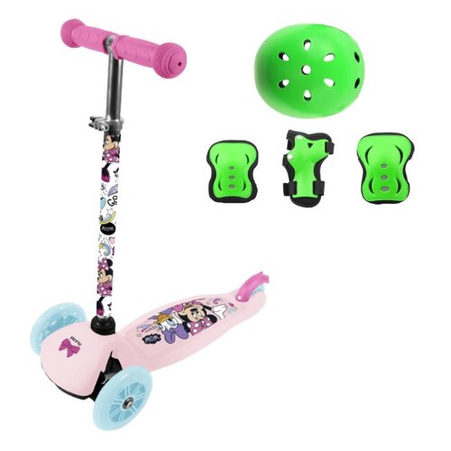 Hulajnoga dla dzieci DISNEY Myszka Minnie + Kask VÖGEL VOK-650S Zielony Dla dzieci (Rozmiar S/M) + Zestaw ochraniaczy