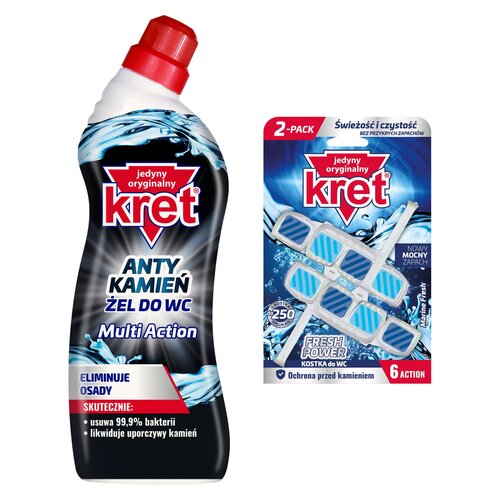 Żel do czyszczenia toalety KRET Antykamień Multi Action 750 ml + Kostka do WC KRET Fresh Power Marine Fresh 2x40g