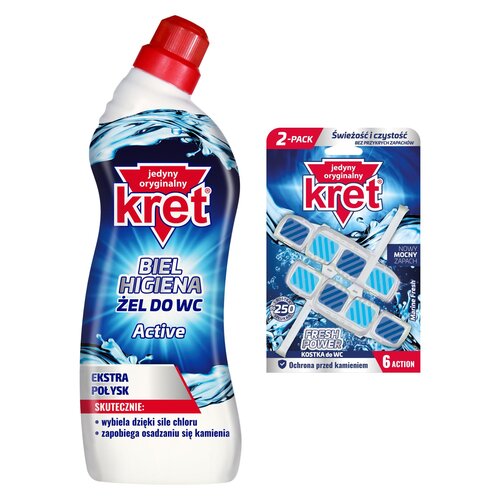 Żel do czyszczenia toalety KRET Biel Higiena Active 750 ml + Kostka do WC KRET Fresh Power Marine Fresh 2x40g