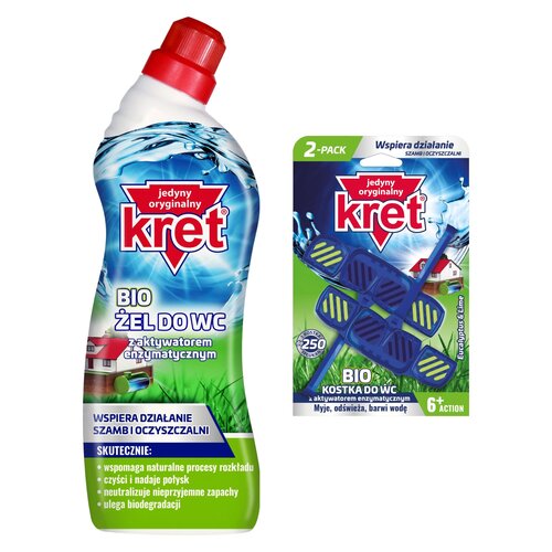 Żel do czyszczenia toalety WC KRET Z Aktywatorem enzymatycznym 750 ml + Kostka do WC KRET Eucalyptus&Lime 2x40g