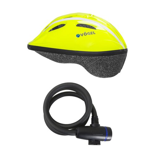 Zapięcie VÖGEL VZP-001B Linka + Kask rowerowy VÖGEL VKA-910MTS Limonkowy dla Dzieci (rozmiar S)
