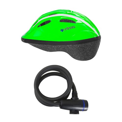 Zapięcie VÖGEL VZP-001B Linka + Kask rowerowy VÖGEL VKA-910GNS Zielony dla Dzieci (rozmiar S)