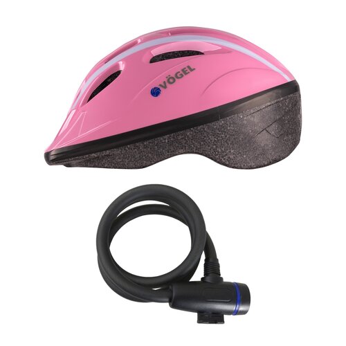 Zapięcie VÖGEL VZP-001B Linka + Kask rowerowy VÖGEL VKA-910G Różowy dla Dzieci (rozmiar S)