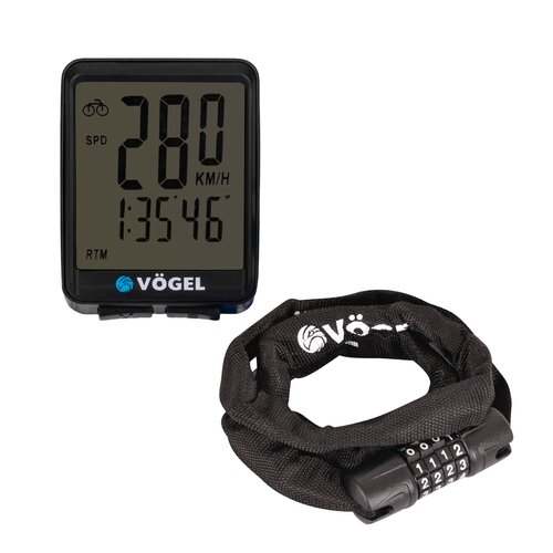 Licznik rowerowy VÖGEL VL2B Podświetlany + Zapięcie rowerowe VÖGEL VZP-42431BC Łańcuch Czarny