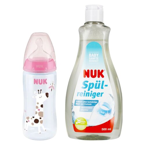 Butelka NUK First Choice Plus 300 ml Różowy + Płyn NUK Do mycia butelek i smoczków Ulepszona Formuła 500 ml