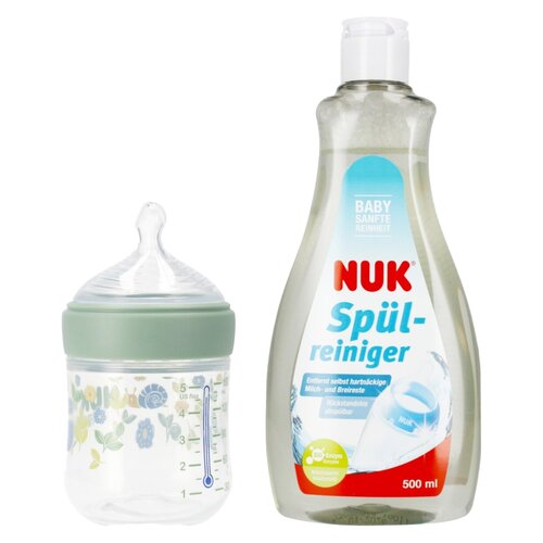 Butelka NUK Nature Sense 150 ml Zielona + Płyn NUK Do mycia butelek i smoczków Ulepszona Formuła 500 ml
