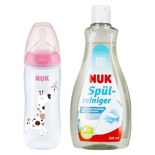 Butelka NUK z kontrolą temperatury 150 ml Różowy + Płyn NUK Do mycia butelek i smoczków Ulepszona Formuła 500 ml