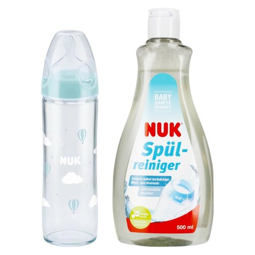 Butelka NUK New Classic 240 ml Niebieski + Płyn NUK Do mycia butelek i smoczków Ulepszona Formuła 500 ml