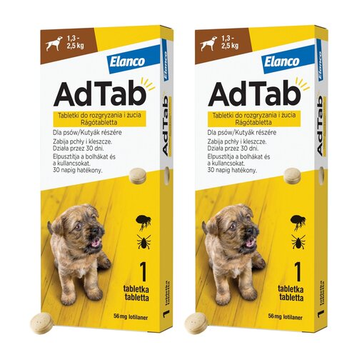 Tabletka przeciw pchłom i kleszczom ELANCO Adtab (1.3 - 2.5 kg) 2 szt. Ochrona przez 8 tygodni