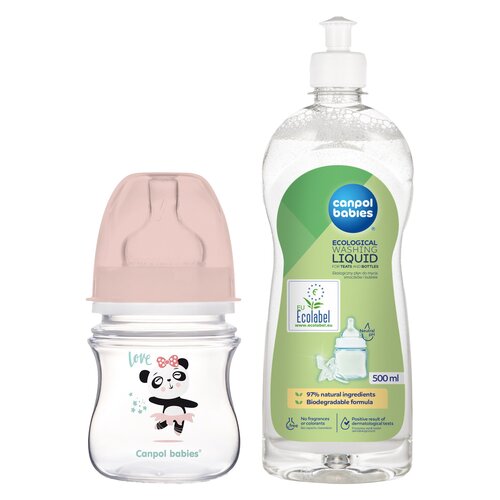 Butelka CANPOL BABIES EasyStart Exotic Animals 35/220 120 ml Różowy + Płyn CANPOL BABIES do mycia smoczków i butelek 500 ml