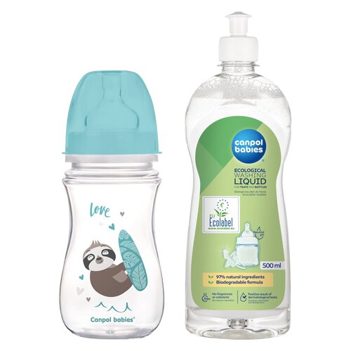 Butelka CANPOL BABIES EasyStart Exotic 240 ml Niebieski + Płyn CANPOL BABIES do mycia smoczków i butelek 500 ml