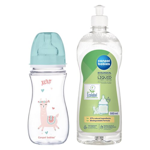 Butelka CANPOL BABIES EasyStart Exotic Animals 35/222 300 ml Zielony + Płyn CANPOL BABIES do mycia smoczków i butelek 500 ml