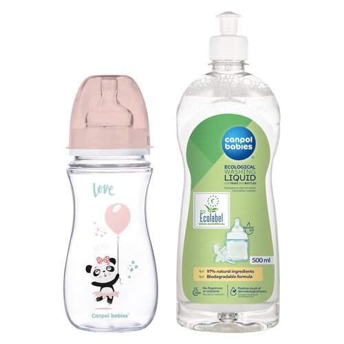 Butelka CANPOL BABIES EasyStart Exotic Animals 35/222 300 ml Różowy + Płyn CANPOL BABIES do mycia smoczków i butelek 500 ml