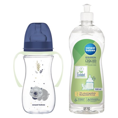 Butelka CANPOL BABIES EasyStart Sleepy Koala 300 ml Niebieski + Płyn CANPOL BABIES do mycia smoczków i butelek 500 ml