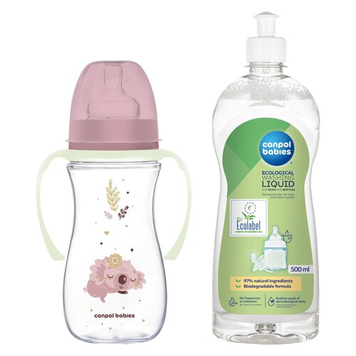 Butelka CANPOL BABIES EasyStart Sleepy Koala 300 ml Różowy + Płyn CANPOL BABIES do mycia smoczków i butelek 500 ml