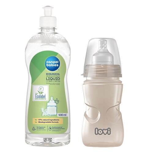 Butelka LOVI Trends 250 ml Beżowy + Płyn CANPOL BABIES do mycia smoczków i butelek 500 ml