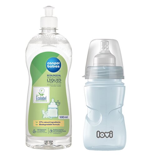 Butelka LOVI Trends 250 ml Zielony + Płyn CANPOL BABIES do mycia smoczków i butelek 500 ml