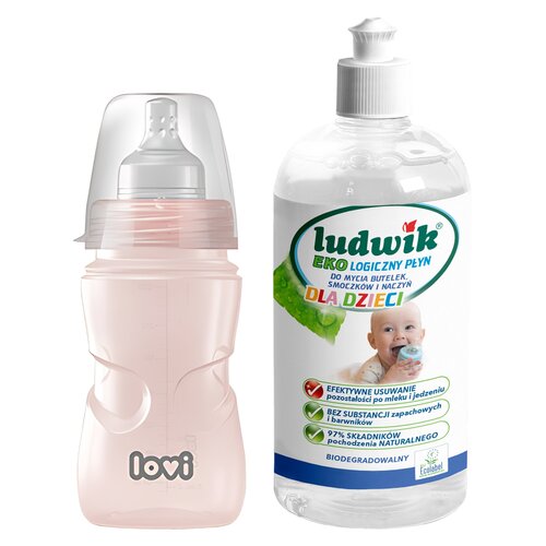 Butelka LOVI Trends 250 ml Różowy + Płyn do mycia butelek i smoczków LUDWIK CG1010102ZEKL0121 475 ml