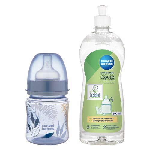 Butelka CANPOL BABIES EasyStart GOLD 120 ml Niebieski + Płyn CANPOL BABIES do mycia smoczków i butelek 500 ml