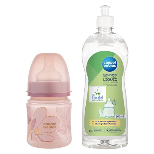 Butelka CANPOL BABIES EasyStart GOLD 120 ml Różowy + Płyn CANPOL BABIES do mycia smoczków i butelek 500 ml