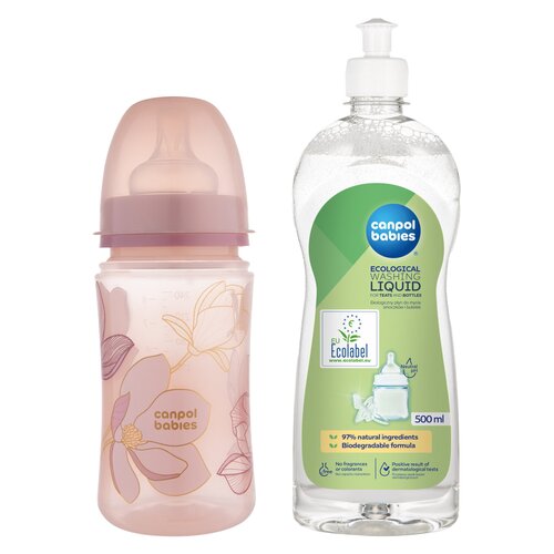 Butelka CANPOL BABIES EasyStart GOLD 240 ml Różowy + Płyn CANPOL BABIES do mycia smoczków i butelek 500 ml