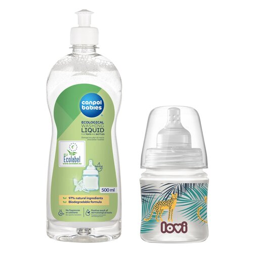 Butelka LOVI Trends 120 ml Jungle Vibes + Płyn CANPOL BABIES do mycia smoczków i butelek 500 ml