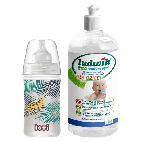 Butelka LOVI Trends 250 ml Jungle Vibes + Płyn do mycia butelek i smoczków LUDWIK CG1010102ZEKL0121 475 ml