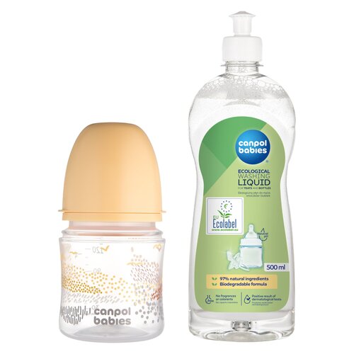 Butelka CANPOL BABIES Easy Star Mountains 120 ml Beżowy + Płyn CANPOL BABIES do mycia smoczków i butelek 500 ml
