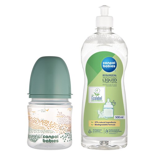 Butelka CANPOL BABIES Easy Star Mountains 120 ml Zielony + Płyn CANPOL BABIES do mycia smoczków i butelek 500 ml