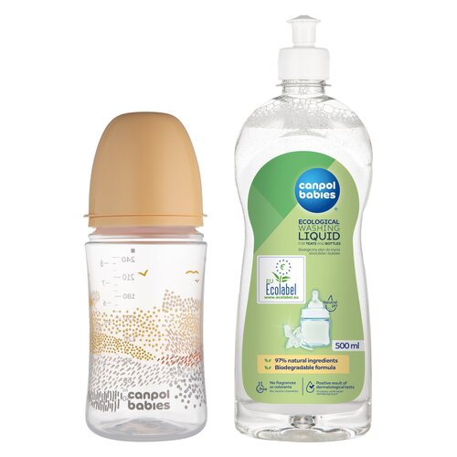 Butelka CANPOL BABIES Easy Star Mountains 240 ml Beżowy + Płyn CANPOL BABIES do mycia smoczków i butelek 500 ml