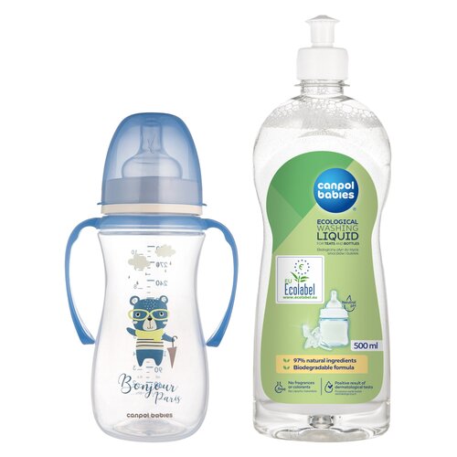 Butelka CANPOL BABIES EasyStart Bonjour Paris 300 ml Niebieski + Płyn CANPOL BABIES do mycia smoczków i butelek 500 ml