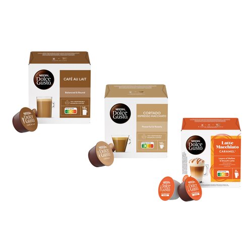 Kapsułki NESCAFE Dolce Gusto Cafe Au Lait + Kapsułki NESCAFE Dolce Gusto Cortado + Kapsułki NESCAFE Dolce Gusto Latte Macchiato Caramel