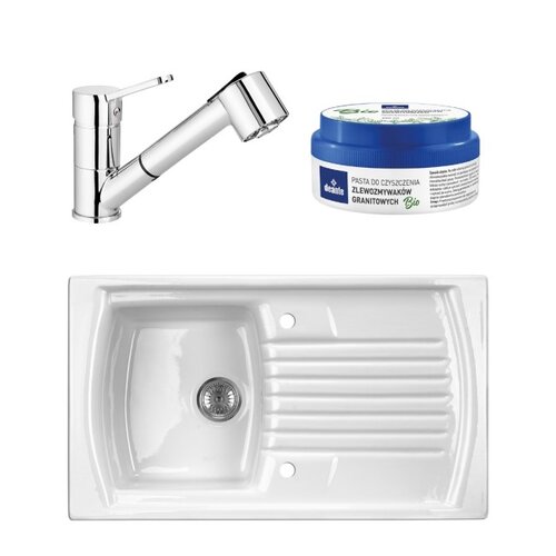 Zlewozmywak DEANTE Lusitano ZCL 6113 Biały + Bateria DEANTE Neo Pero Plus BOP 071N + Pasta DEANTE ZZZ 000F 250 ml
