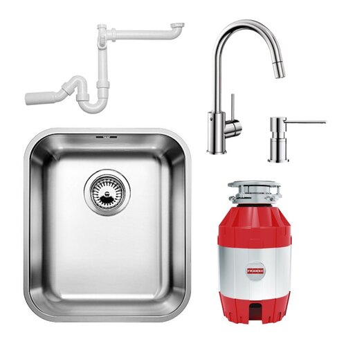 Zlewozmywak BLANCO Supra 340-U + Bateria BLANCO Mida-S + Młynek do rozdrabniania odpadów FRANKE Turbo Elite + Dozownik BLANCO Lato + Syfon do zlewozmywaków BLANCO