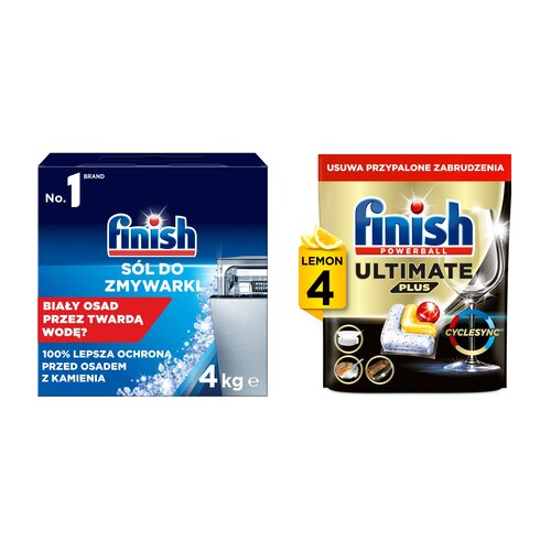 Sól do zmywarek FINISH 4 kg + Kapsułki do zmywarek FINISH Powerball Ultimate Plus All In 1 Lemon - 4 szt.