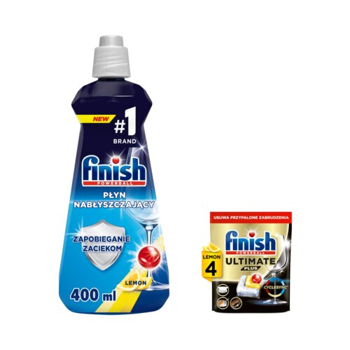 Nabłyszczacz do zmywarek FINISH Shine Protect Cytrynowy 400 ml + Kapsułki do zmywarek FINISH Powerball Ultimate Plus All In 1 Lemon - 4 szt.