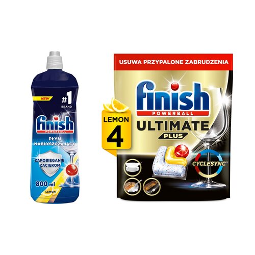 Nabłyszczacz do zmywarek FINISH Shine Protect Cytrynowy 800 ml + Kapsułki do zmywarek FINISH Powerball Ultimate Plus All In 1 Lemon - 4 szt.