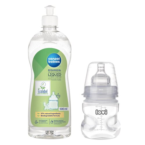 Butelka LOVI Medical Przezroczysty + Płyn CANPOL BABIES do mycia smoczków i butelek 500 ml