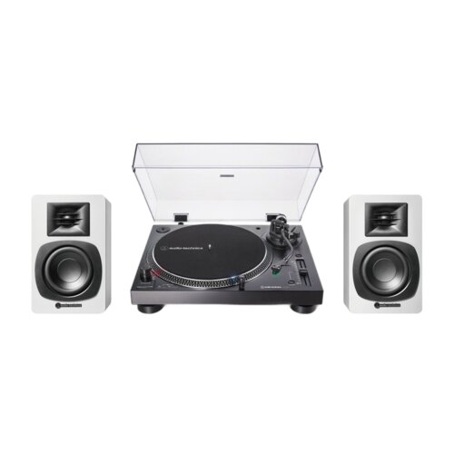 Zestaw Stereo Gramofon Audio-Technica A-T LP120X + Aktywne Kolumny Podstawkowe Audii-Technica A-T SP3 X CZ+BIAŁY