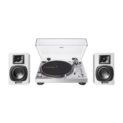 Zestaw Stereo Gramofon Audio-Technica A-T LP120X + Aktywne Kolumny Podstawkowe Audii-Technica A-T SP3 X SR+BIAŁY